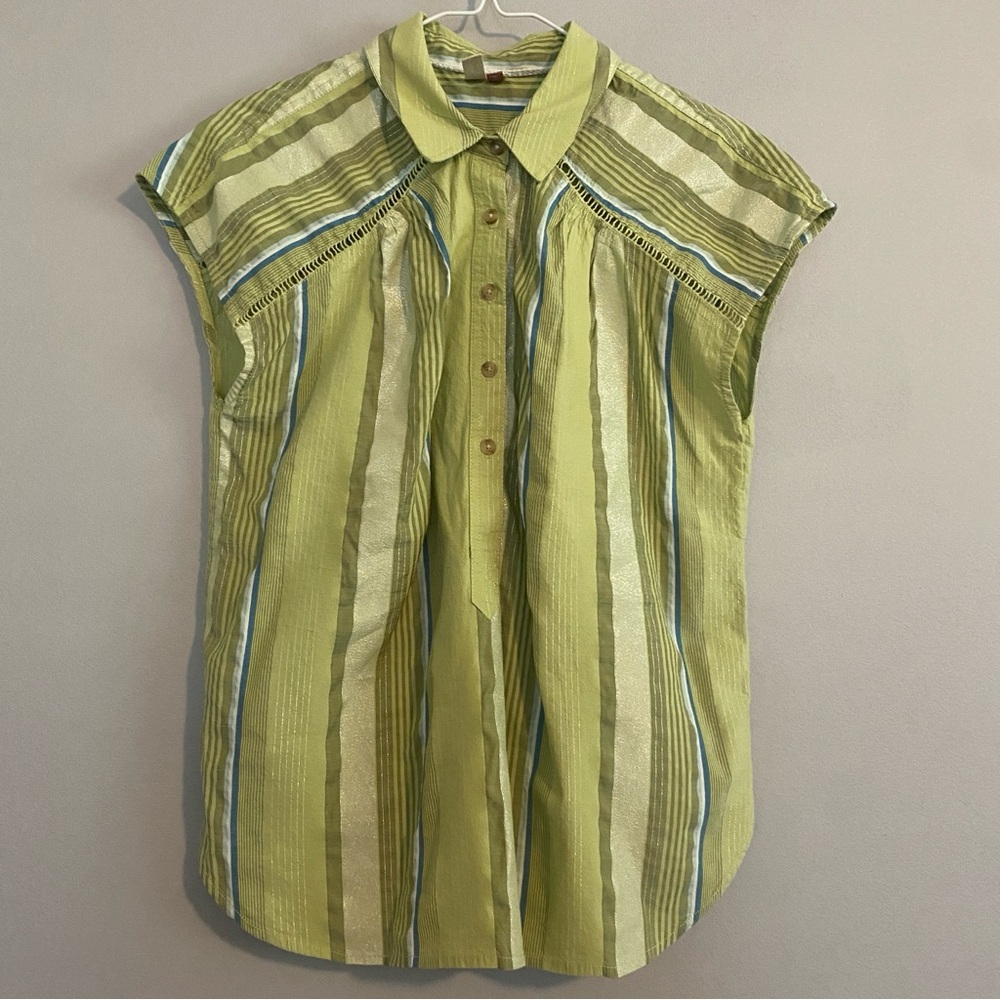 Anthropologie Pilcro Green Stripped Metallic Collared Blouse W/ 5 Buttons